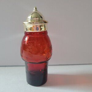 Vintage Red Glass Syrup Dispenser Condiment Jar Silver Hinged Lid Etched Floral